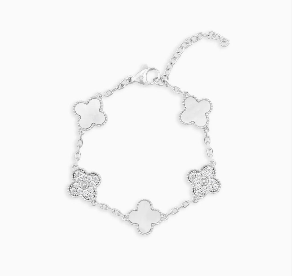 Bracelet Trèfle Glacé en Perles — Or Blanc